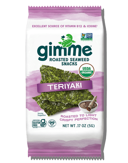 Package of Gimme Seaweed Teriyaki Seaweed Snacks, 5g, labeled USDA organic and gluten-free. These tasty vegan snacks are ideal for anyone looking for organic seaweed options.