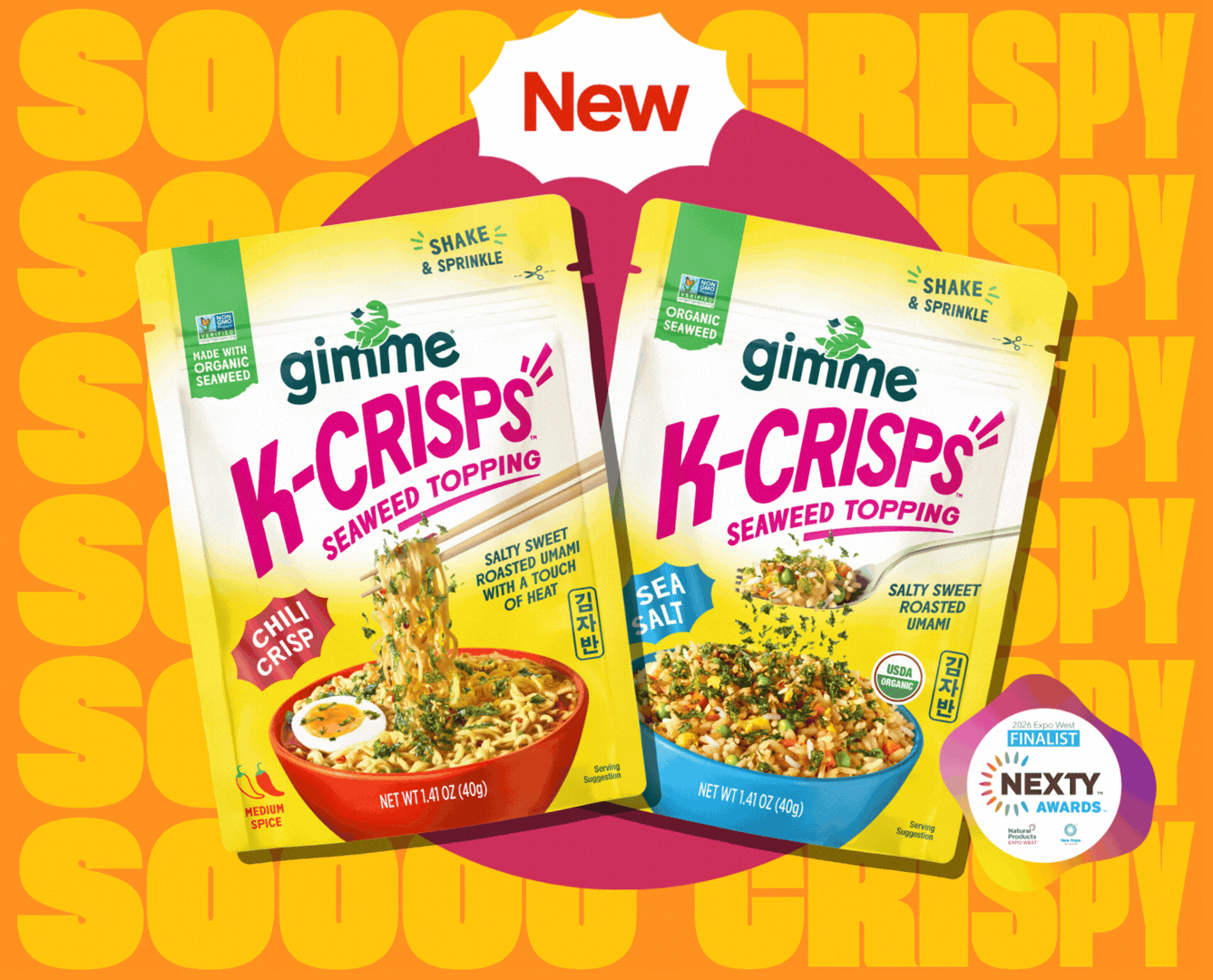 Two packages of gimme K-Crisps seaweed topping with colorful background and 'New' label.