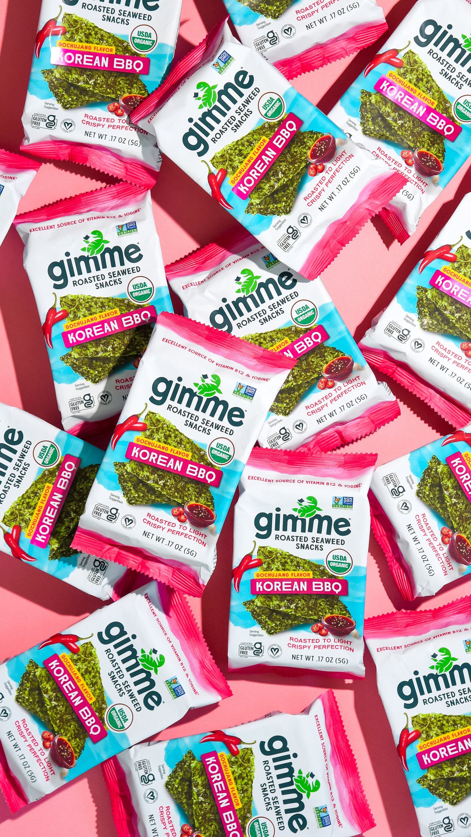 The Gimme Seaweed Korean BBQ Roasted Seaweed Snacks, 6-Pack (.17oz), feature the USDA Organic seal, are gluten-free and vegan, and offer rich vitamin B12 and iodine content. Ideal for those craving organic seaweed snacks with a flavorful twist.