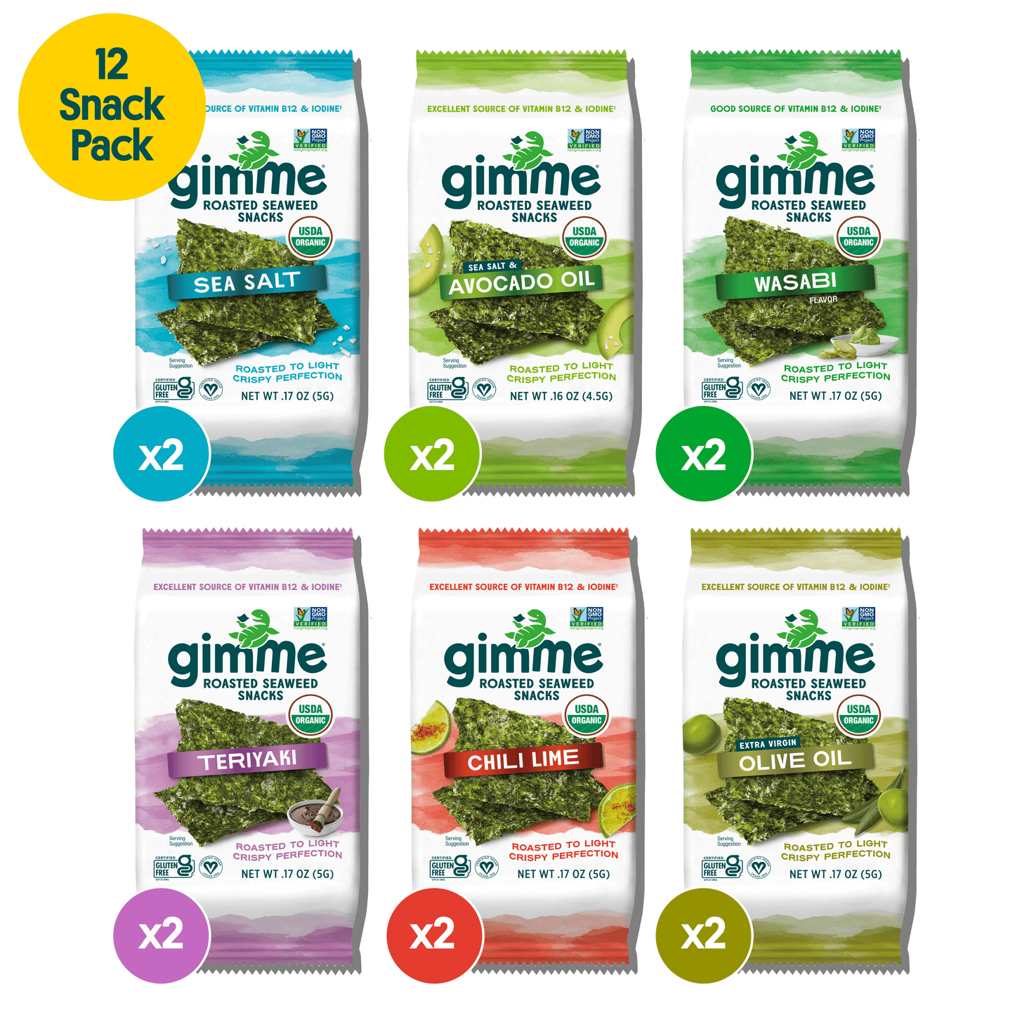 Gimme Seaweed's Seaweed Snacks Variety 12 Pack (.17oz) includes six flavors: Sea Salt, Avocado Oil, Wasabi, Teriyaki, Chili Lime, and Olive Oil.