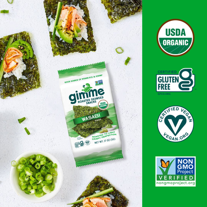 Gimme Seaweed's Seaweed Snacks Variety 12 Pack (.17oz) includes six flavors: Sea Salt, Avocado Oil, Wasabi, Teriyaki, Chili Lime, and Olive Oil.