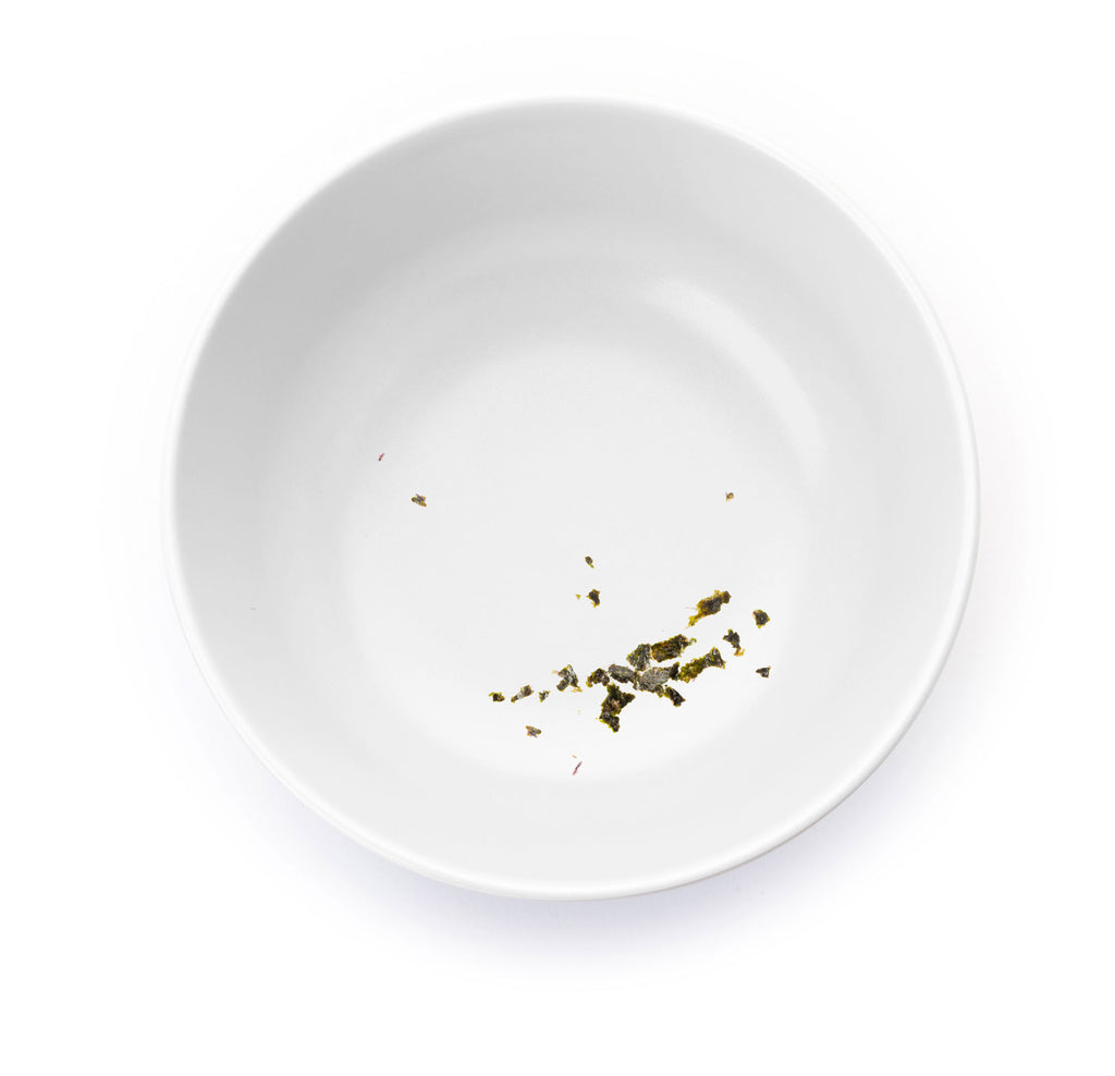 empty bowl with a few crumbs of kale chips