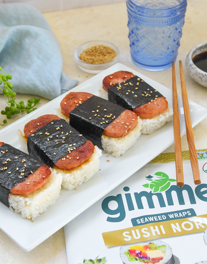 Package of Gimme Seaweed Organic Sushi Nori Sheets, featuring images of sushi rolls and vegetables. USDA Organic, non-GMO certified, Keto-Friendly. Net weight 0.81 oz (23g).