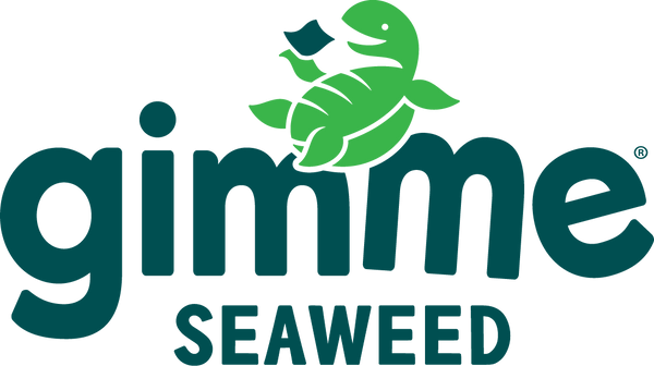 Green sea turtle illustration above the word "gimme" in lowercase green letters, with "SEAWEED" in uppercase letters below in a lighter green shade.