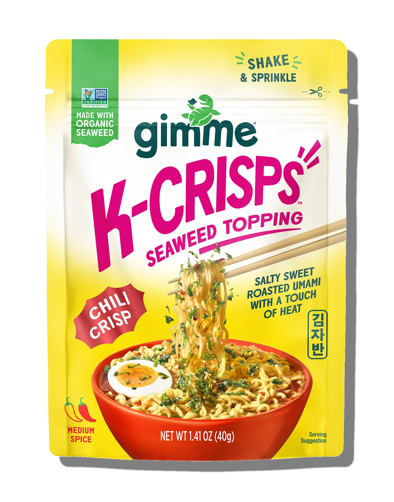 Package of Gimme K-Crisps Chili Crisp Seaweed Topping with a bowl of noodles and chopsticks.