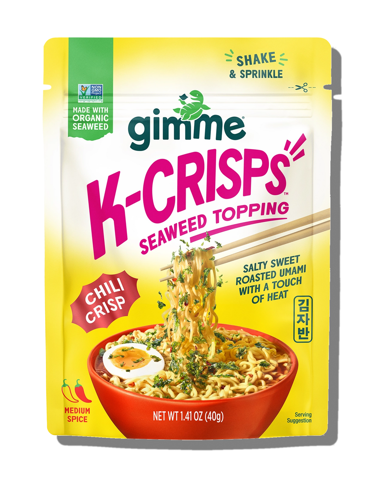 Package of Gimme K-Crisps Chili Crisp Seaweed Topping with a bowl of noodles and chopsticks.