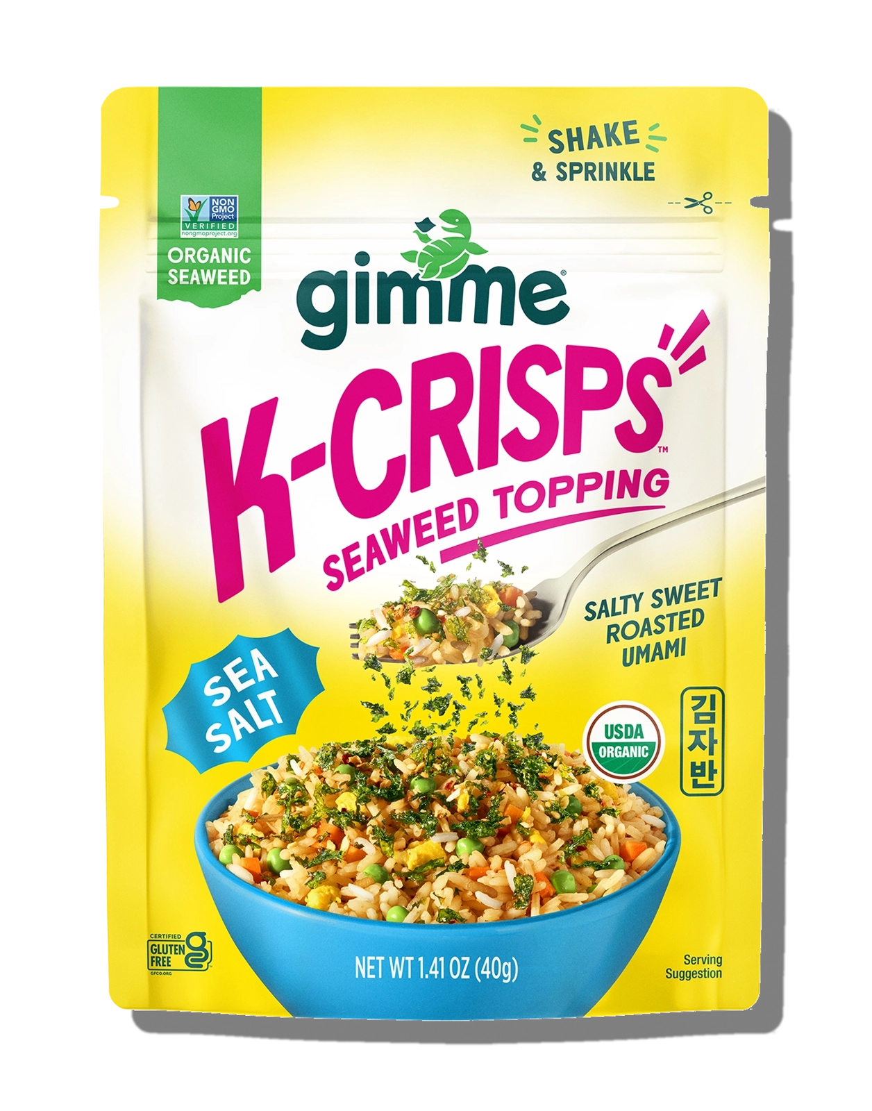 Packaging of gimme K-Crisps Seaweed Topping with colorful design and text.