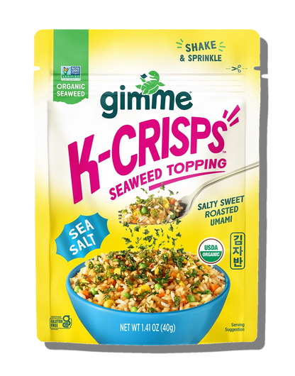 Packaging of gimme K-Crisps Seaweed Topping with colorful design and text.