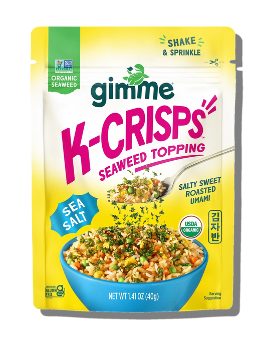 Packaging of gimme K-Crisps Seaweed Topping with colorful design and text.