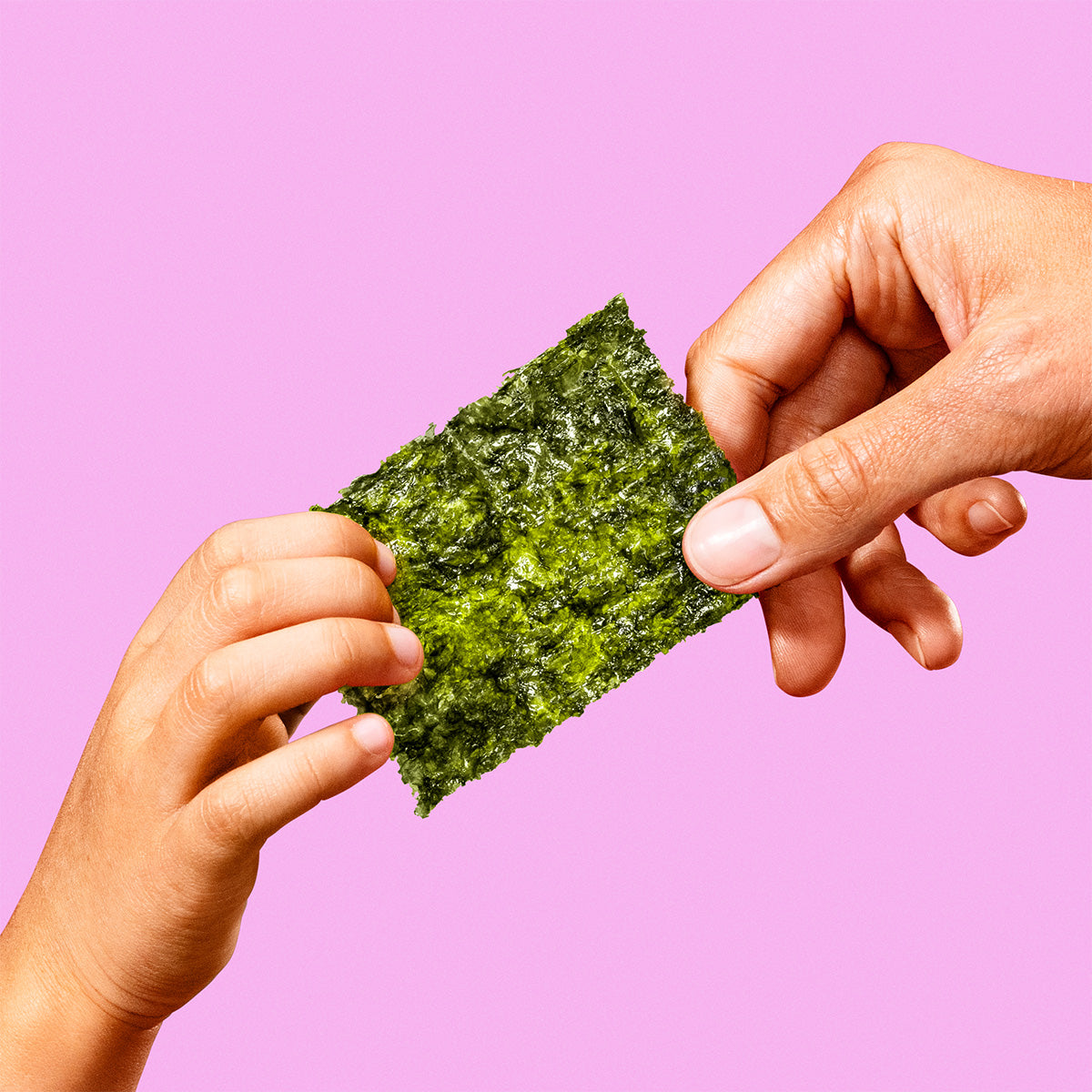 Two hands holding a piece of Gimme seaweed snack against a pink background