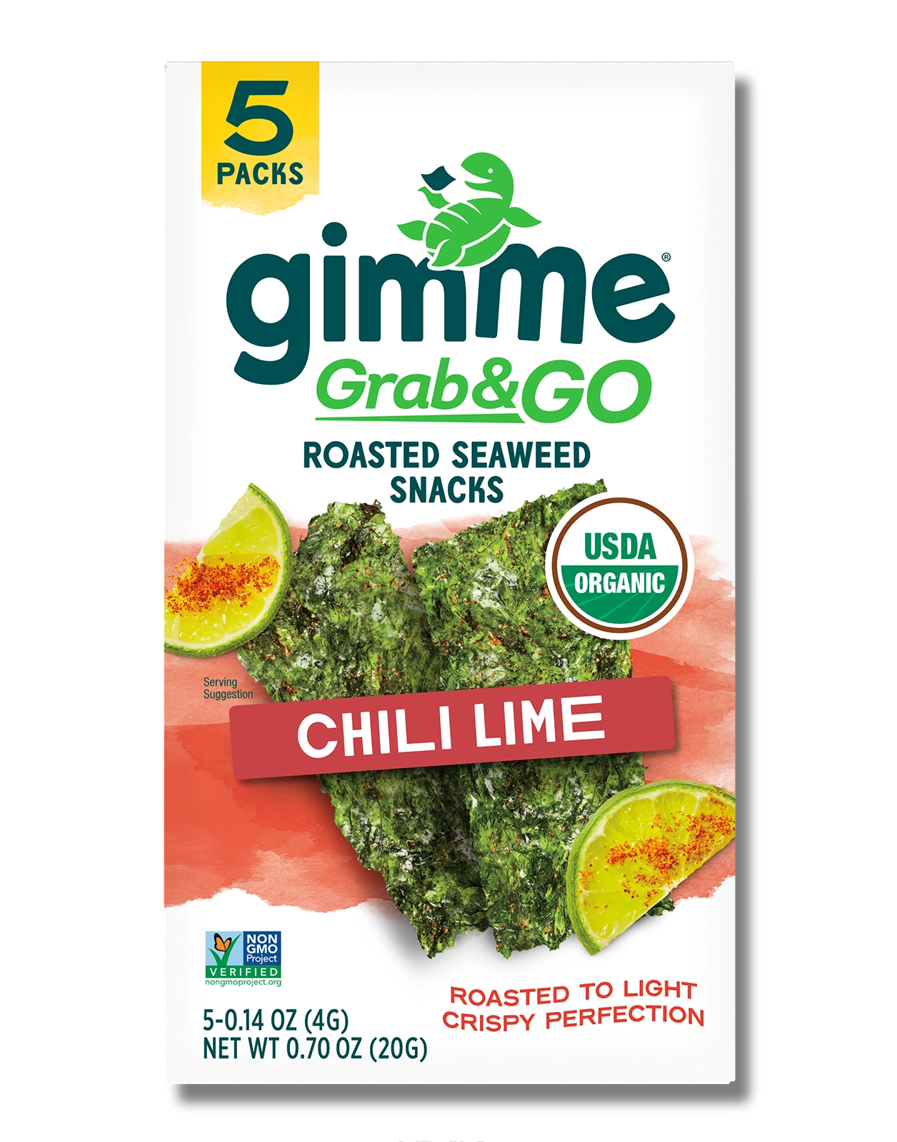 Package front of Gimme Grab & Go Roasted Seaweed Snacks in Chili Lime flavor
