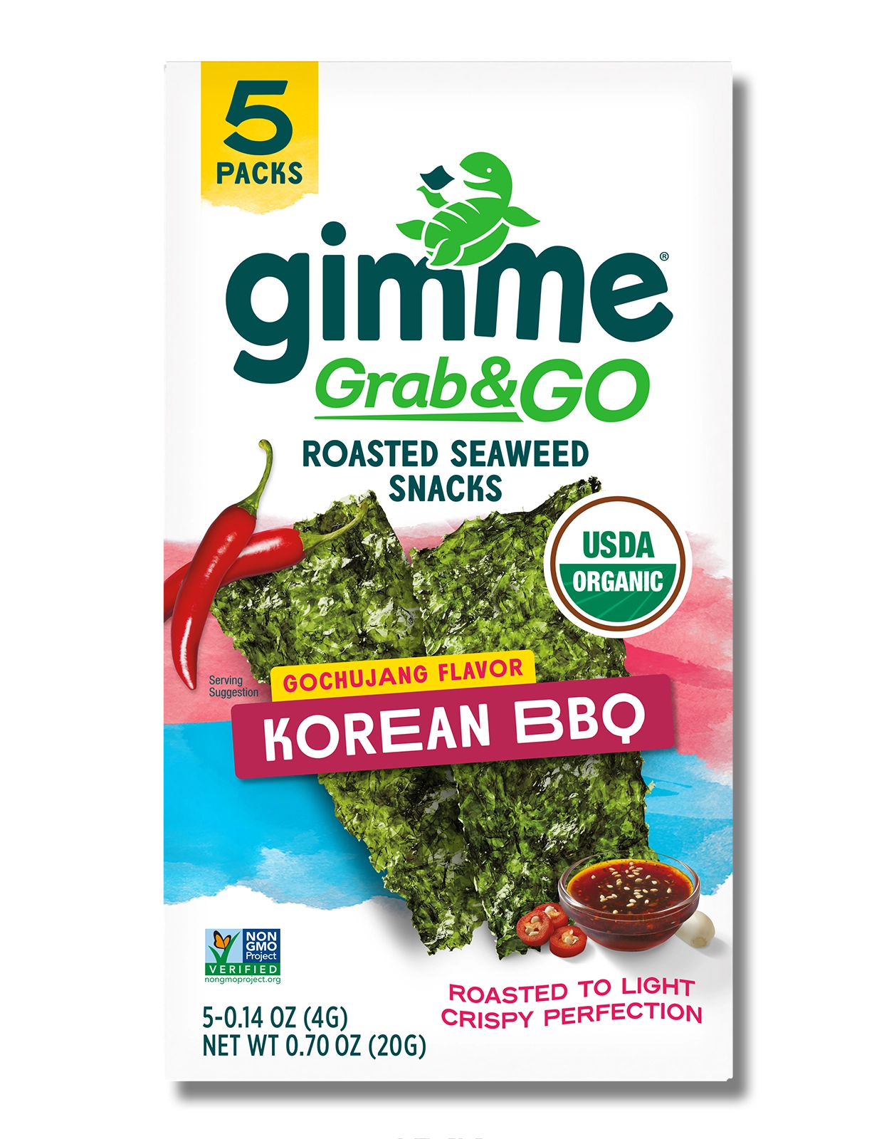 Package front of Gimme Grab & Go Roasted Seaweed Snacks in Korean BBQ flavor