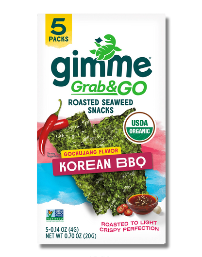 Package front of Gimme Grab & Go Roasted Seaweed Snacks in Korean BBQ flavor