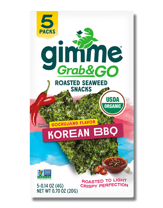 Package front of Gimme Grab & Go Roasted Seaweed Snacks in Korean BBQ flavor