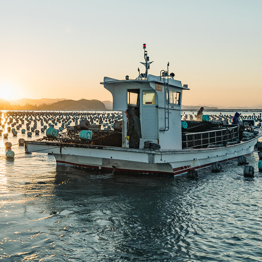 A small fishing boat with several people on board is navigating through a body of water at sunrise, surrounded by numerous buoy markers.