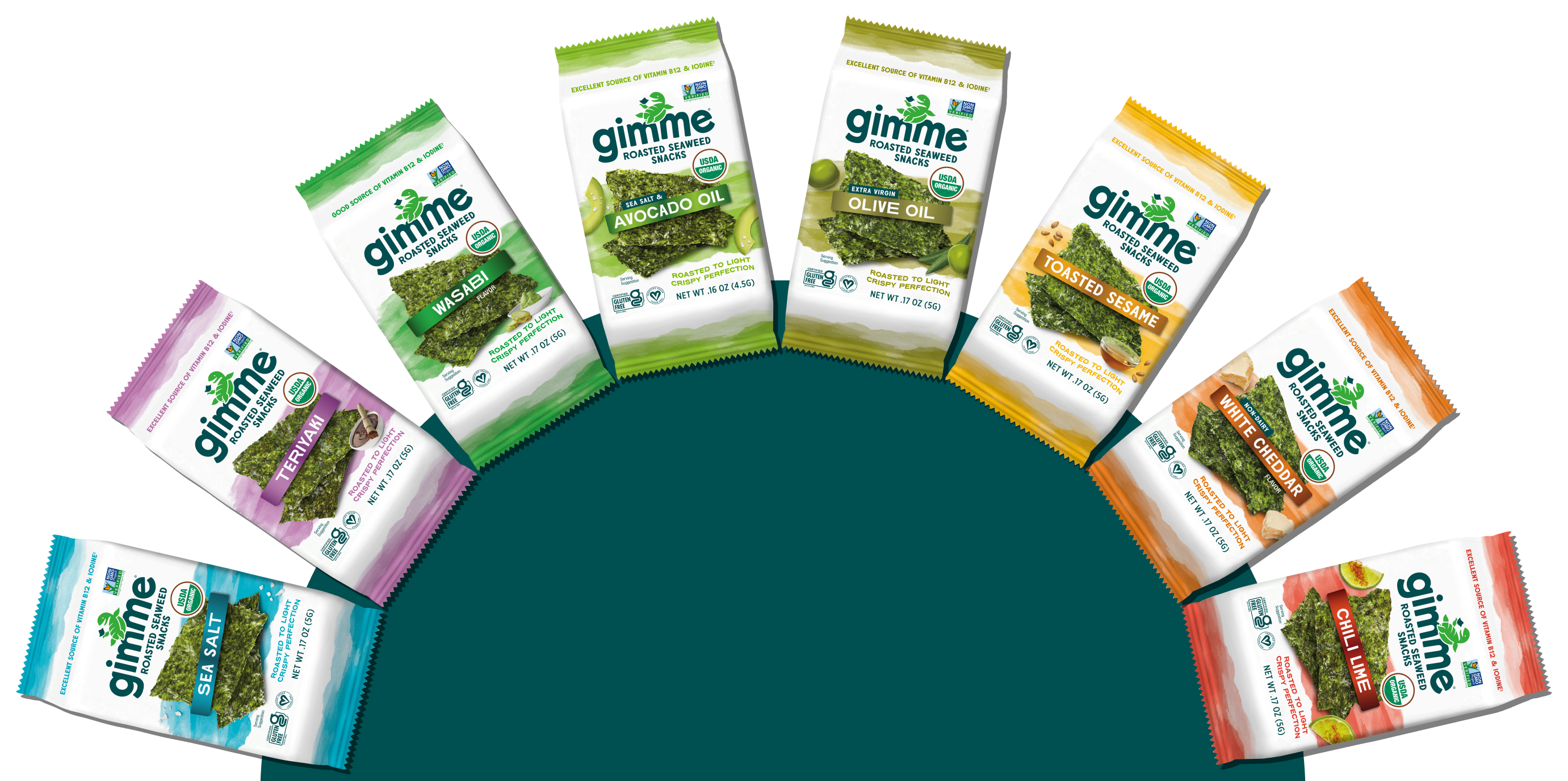 Gimme seaweed snack packages arranged in an arch shape.